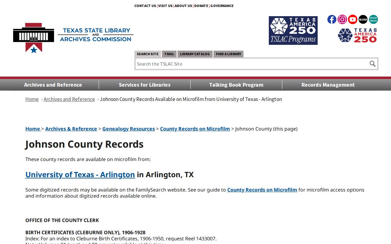 Texas State Library Johnson County historical records finding page