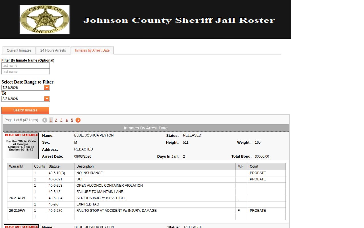 Johnson County arrest-date booking feed view