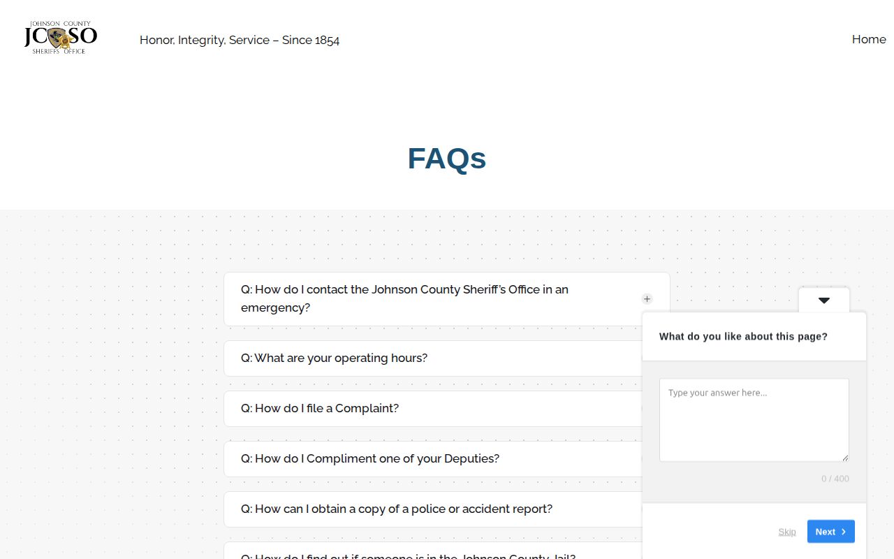 Johnson County Sheriff FAQ records and custody instructions