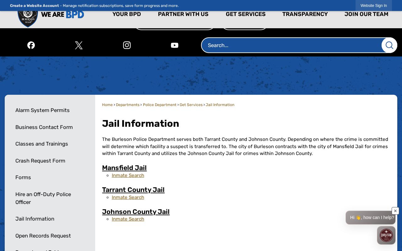 Burleson Johnson County and Tarrant County jail information split